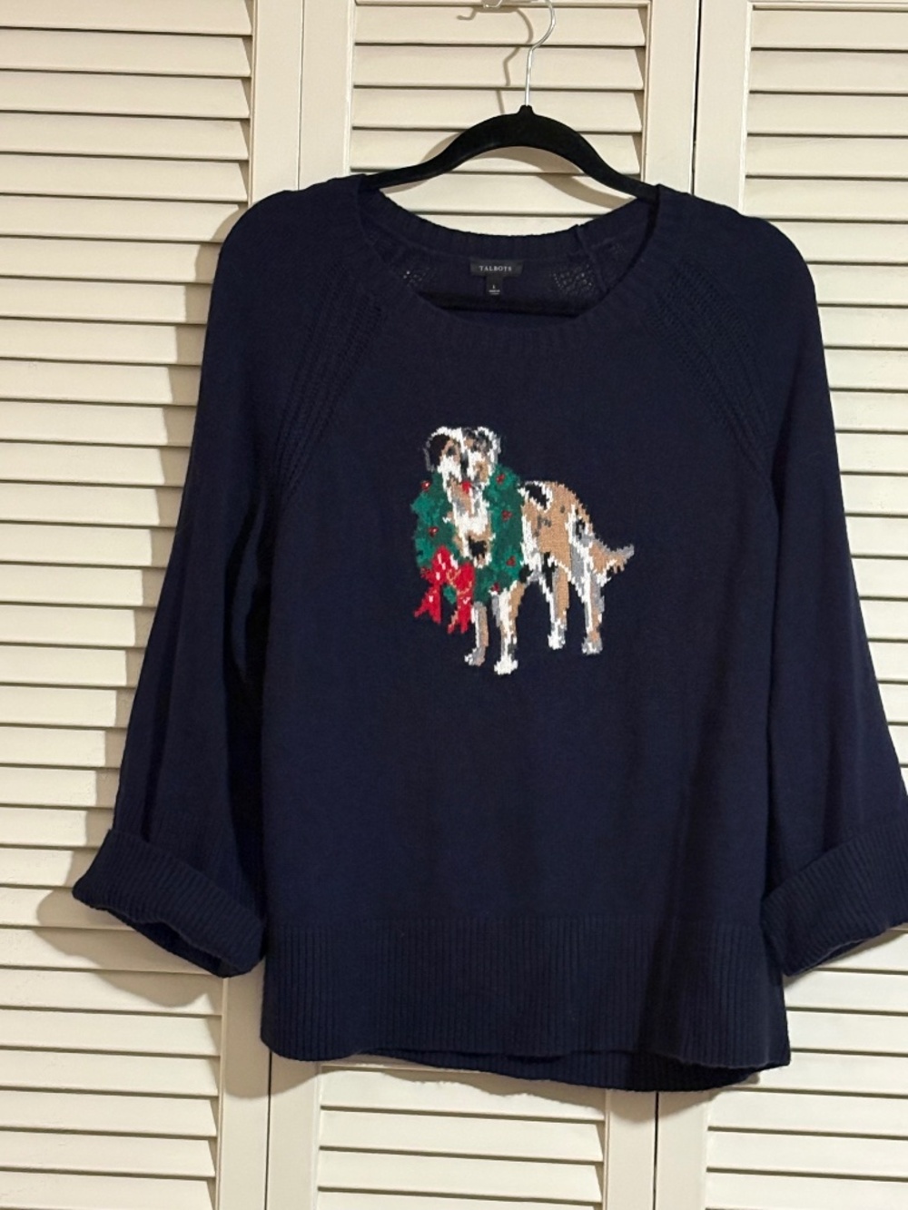 Talbots Navy Christmas Dog Wreath Sweater Size Large